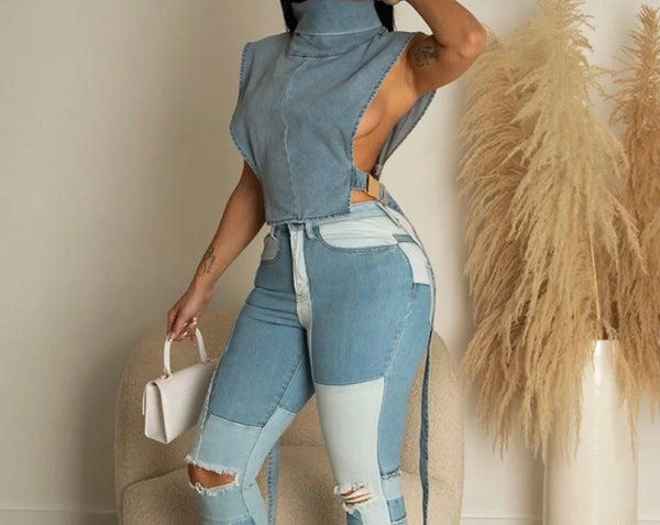 Women Fashion Sleeveless Buckled Denim Vest Top