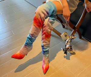 Women Bling Tie Dye Over The Knee Boots