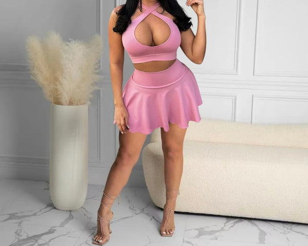 Women Sexy Sleeveless Halter Crop Two Piece Pleated Skirt Set