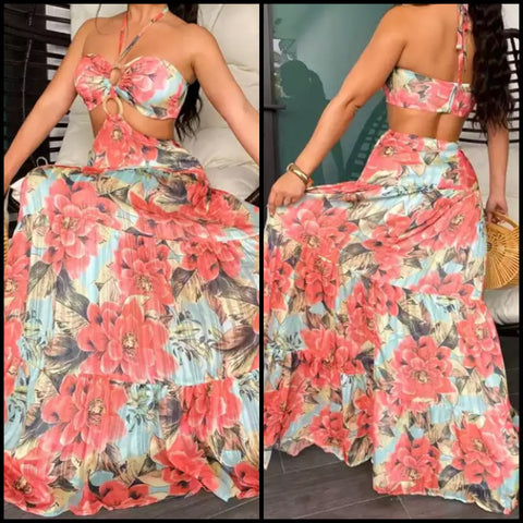 Women Sexy Floral Halter Maxi Dress