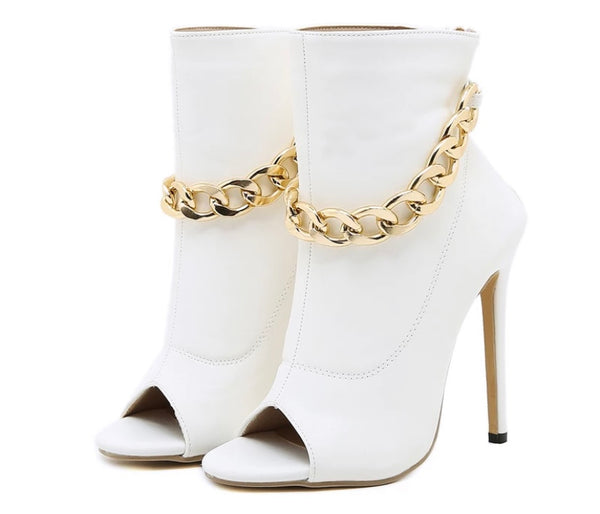Women White Chain Fashion High Heel Ankle Boots