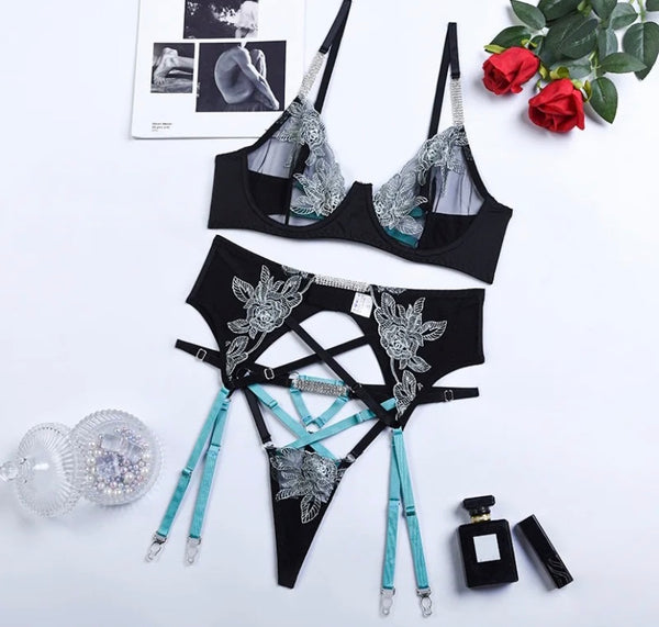 Women Sexy Mesh Floral Lace Up G-String Lingerie Set