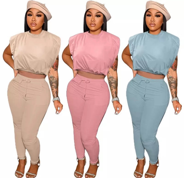 Women Solid Color Sleeveless Two Piece Pant Set