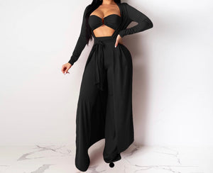 Women Solid Color Three Piece Fashion Pant Set