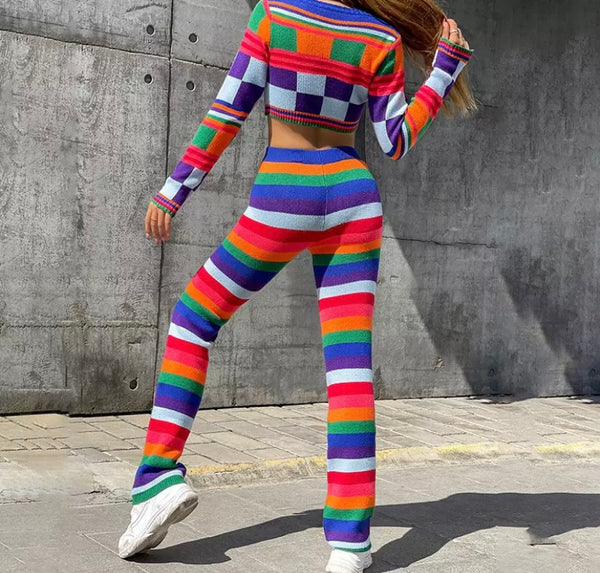 Women Multicolored Full Sleeve Crop Two Piece Pant Set