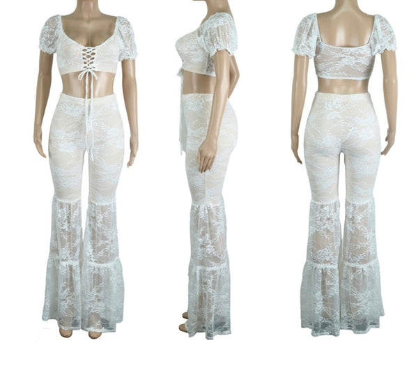 Women Sexy White Lace Off The Shoulder Two Piece Pant Set