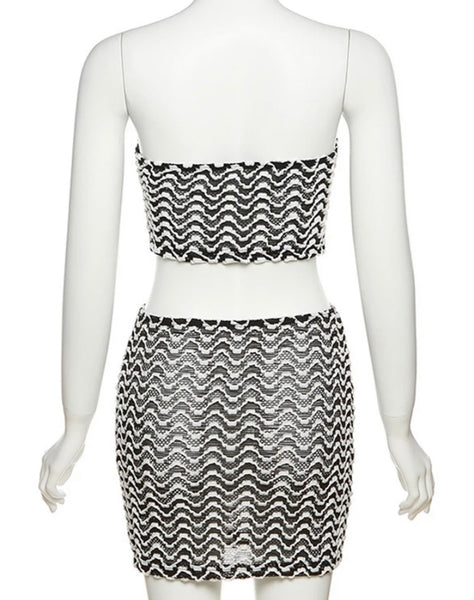 Women Sexy Strapless B&W Printed Two Piece Skirt Set