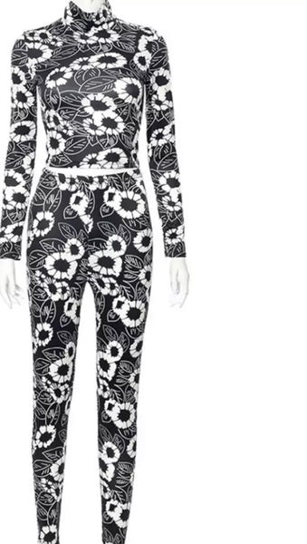 Women Fashion Black/White Printed Two Piece Pant Set