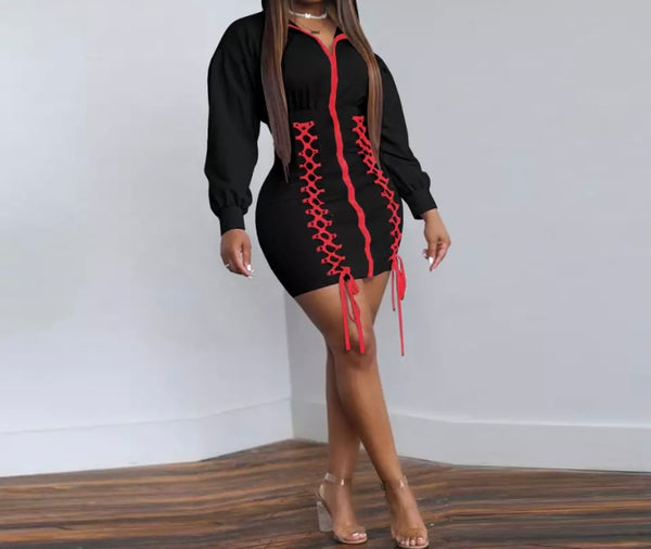 Women Fashion Hooded Lace Up Front Zipper Dress