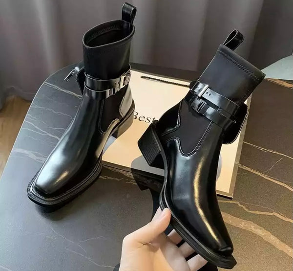 Women Black Buckled Pocket Fashion Ankle Boots