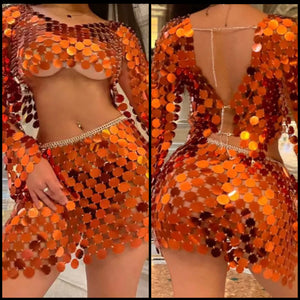 Women Sexy Orange Mirror Full Sleeve Chain Two Piece Skirt Set