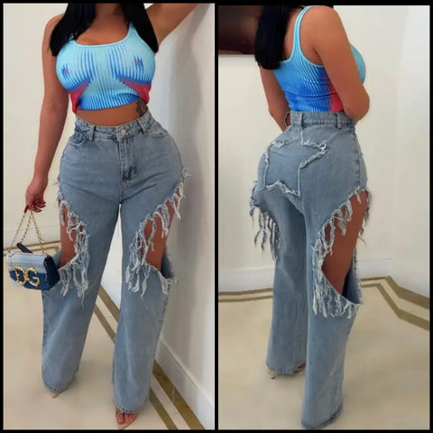 Women Fashion Star Cut Out Fringe Denim Pants