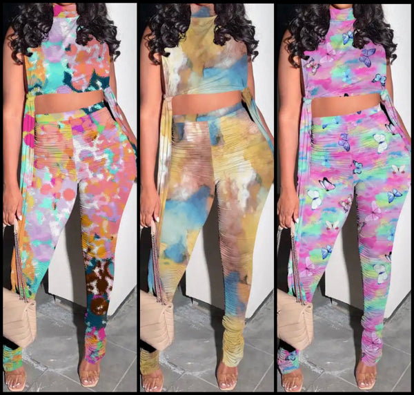 Women Printed Sleeveless Tie Up Crop Two Piece Pant Set