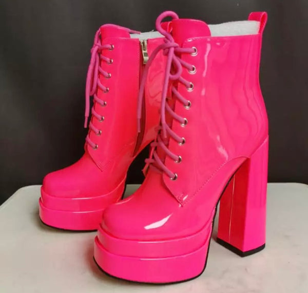 Women Patent Leather Lace Up Platform Ankle Boots