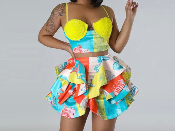 Women Sexy Sleeveless Multicolored Ruffled Two Piece Skirt Set