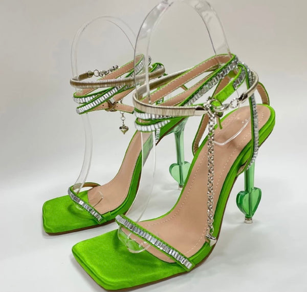 Women Square Toe Chain Fashion Heart High Heel Sandals