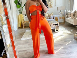 Women Solid Color Two Piece Strapless Crop Pant Set