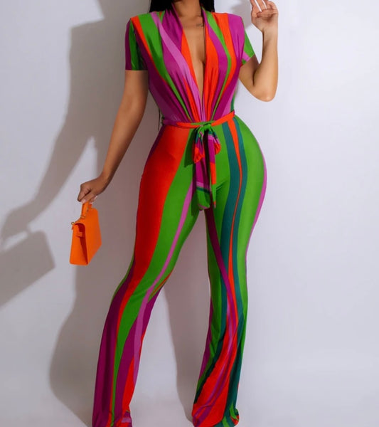 Women Sexy Multicolored Striped Short Sleeve Jumpsuit