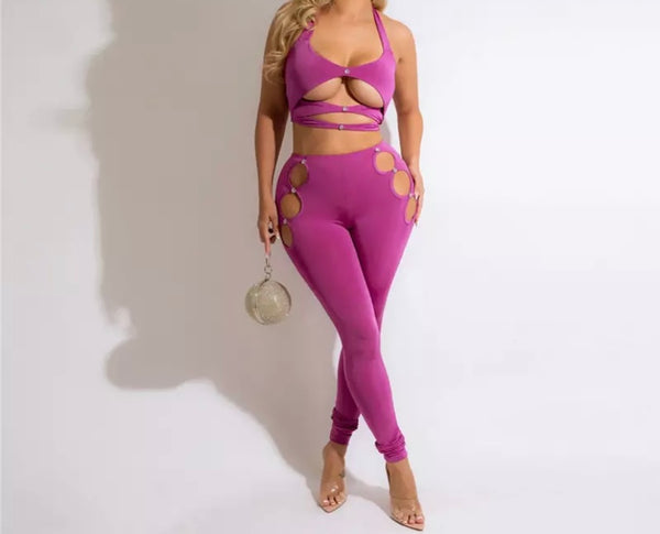 Women Sexy Cut Out Halter Crop Two Piece Pant Set