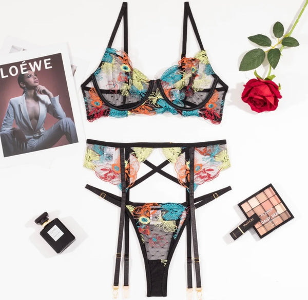 Women Sexy Black Colorful Floral Mesh Lingerie Set