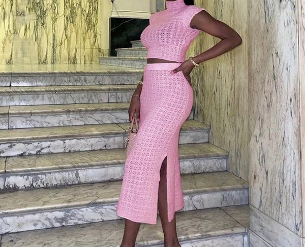 Women Pink Sexy Short Sleeve Two Piece Maxi Skirt Set