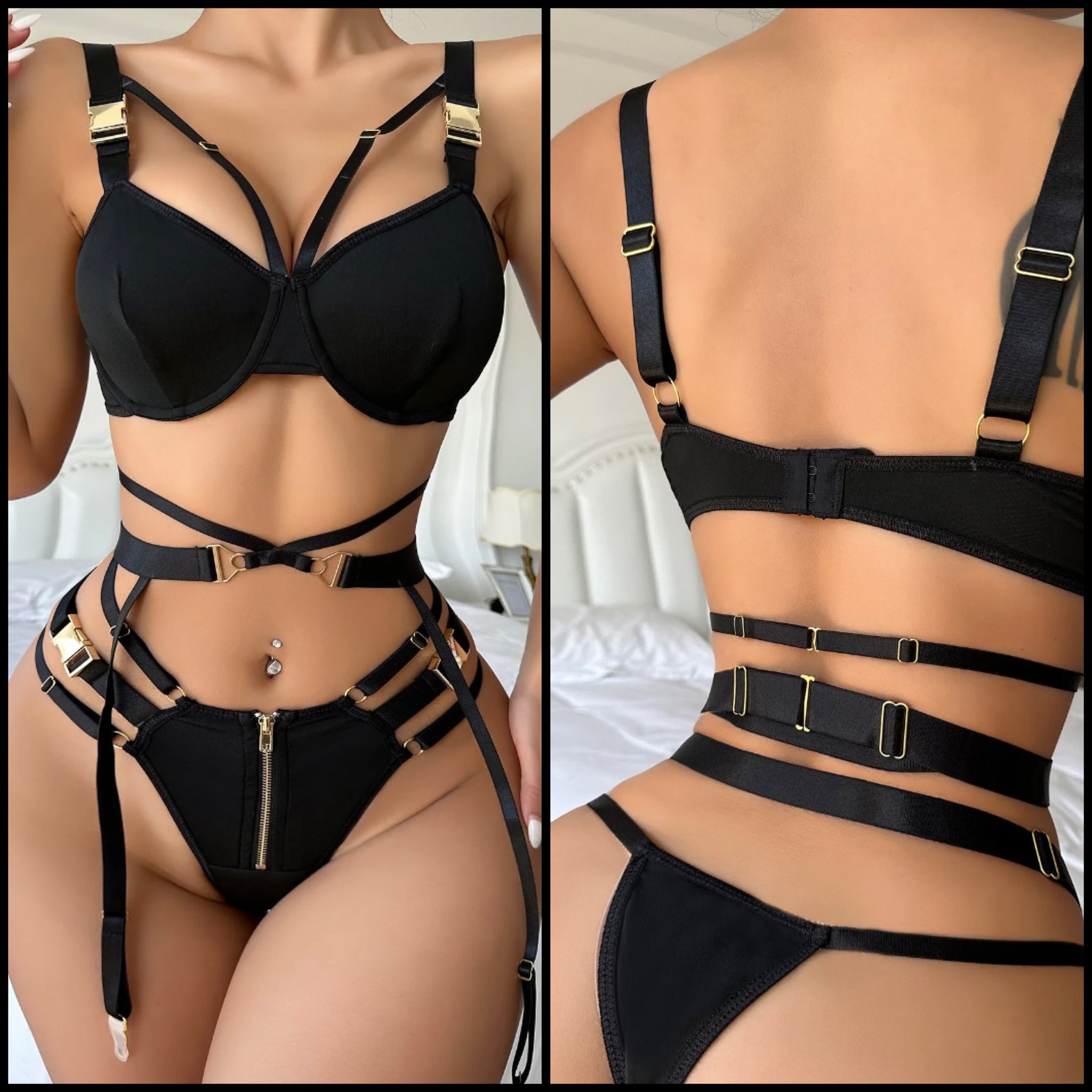 Women Sexy Black Gold Buckled Zipper Lingerie Set