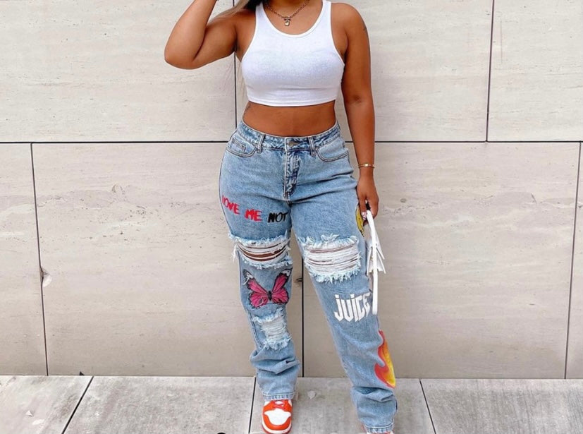 Women Fashion Ripped Print Denim Pants