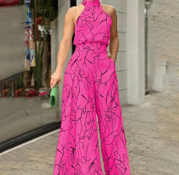 Women Printed Halter Wide Leg Jumpsuit