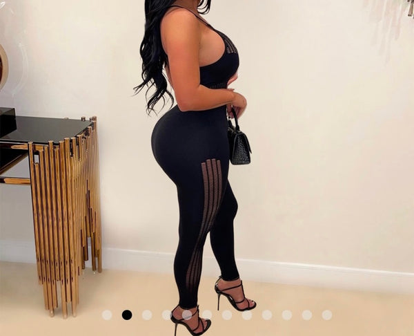 Women Solid Color Sleeveless Mesh Patchwork Sexy Jumpsuit