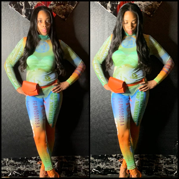 Women Sexy Sheer Money Print Long Sleeve Fashion Jumpsuit