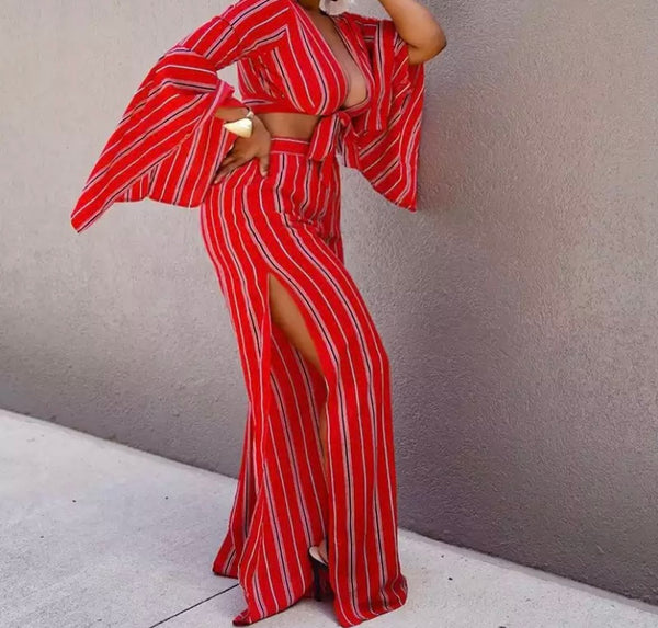 Women Striped Fashion Full Sleeve Two Piece Side Split Pant Set