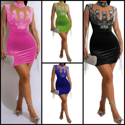 Women Sexy Tassel Sleeveless Bling Mesh Patchwork Dress