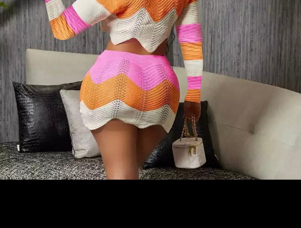 Women Sexy Knitted Color Patchwork Full Sleeve Crop Two Piece Skirt Set