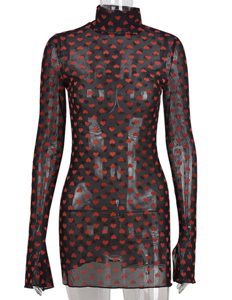 Women Heart Print Mesh Full Sleeve Sexy Dress