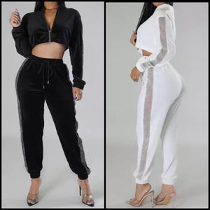 Women Sexy Velour Side Sequins Patchwork Two Piece Pant Set
