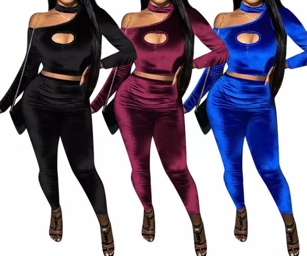 Women Sexy Two Piece Velour One Shoulder Crop Pant Set