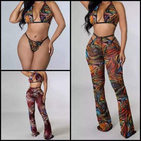 Women Printed Sexy Halter Three Piece Bikini Cover Up Set