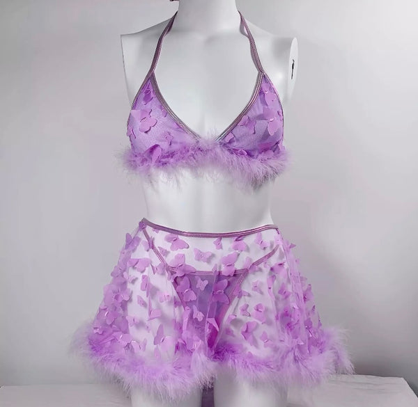 Women Sexy Mesh Butterfly Feather Lingerie Set