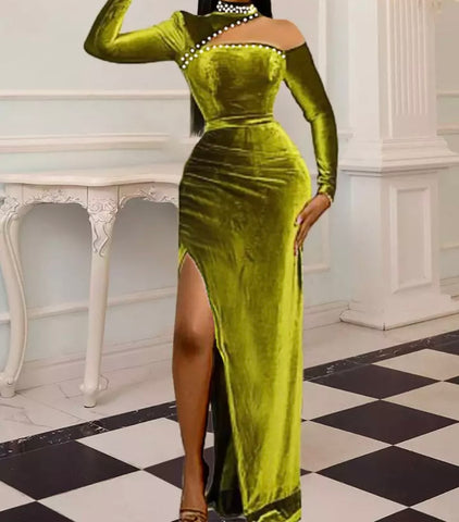 Women Sexy Green Pearl Velour Full Sleeve Maxi Dress