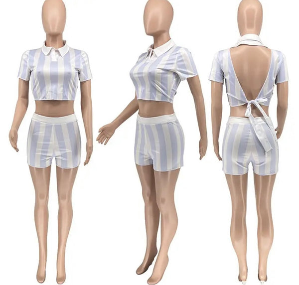 Women Sexy Striped Short Sleeve Open Back Two Piece Short Set