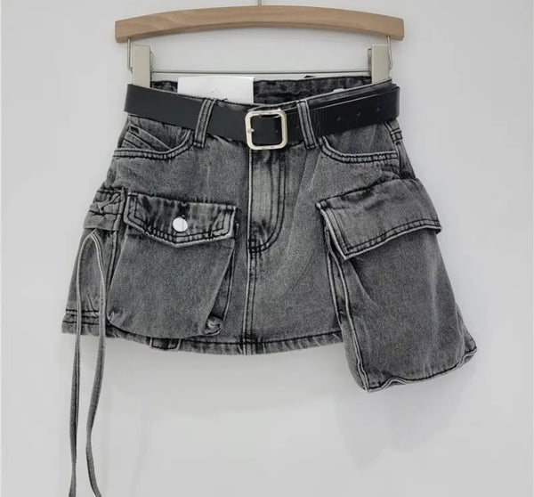 Women Pocket Fashion Tie Up Denim Skirt