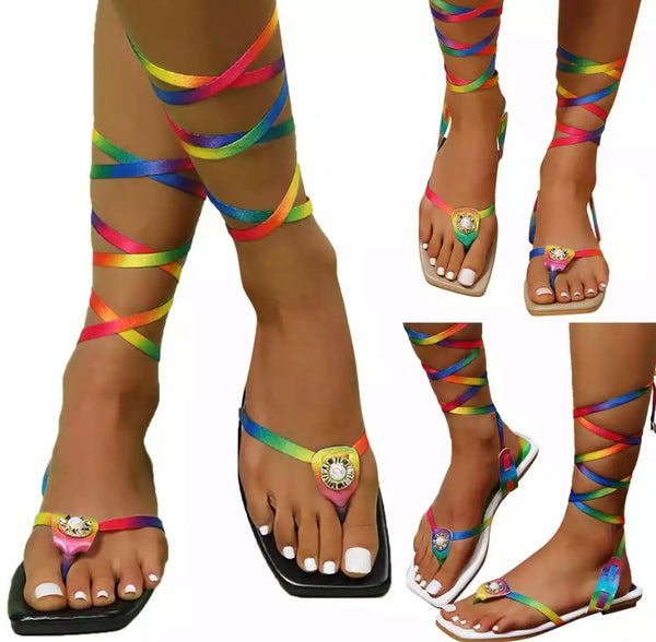 Women Fashion Flat Rainbow Lace Up Sandals