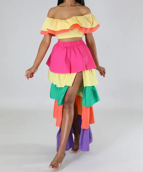 Women Colorful Ruffled Off The Shoulder Two Piece Maxi Skirt Set