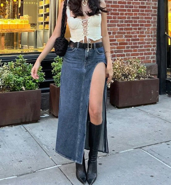 Women Fashion High Side Slit Denim Maxi Skirt