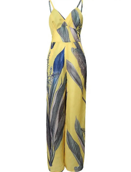 Women Yellow Printed Sleeveless Wide Leg Jumpsuit