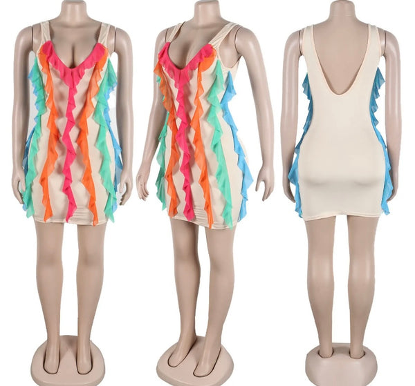 Women Sleeveless Multicolored Ruffled Sexy Dress