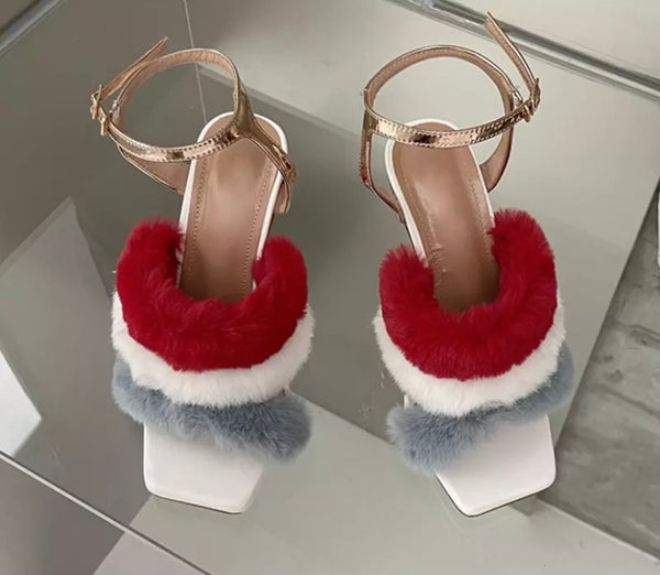 Women Fashion Colorful Faux Fur Clear Heel Sandals