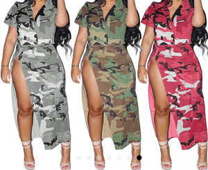 Women Sexy Camouflage Short Sleeve Two Piece Side Slit Skirt Set