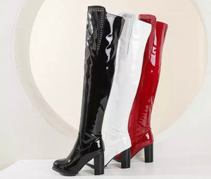 Women Patent Leather Rivet Fashion Knee-High Boots