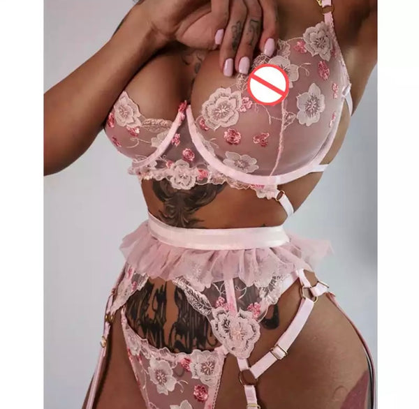Women Pink Floral Lace Sexy Three Piece Lingerie Set